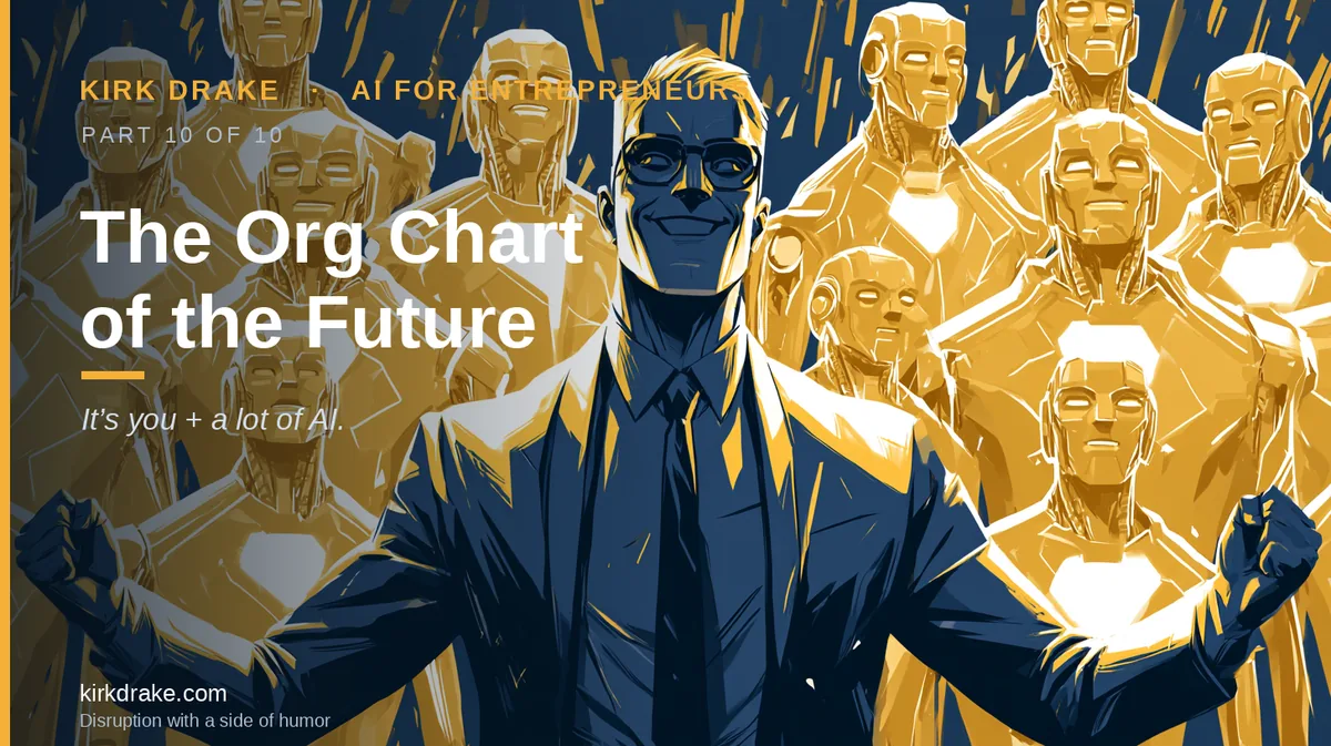 Kirk Drake standing arms-wide in front of a crowd of gold robot figures, on a navy and gold banner reading Part 10 of 10: The Org Chart of the Future.